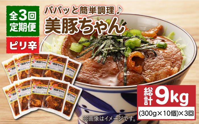 【3回定期便】美豚ちゃんピリ辛300g×10個 五島市/長崎フードサービス[PEL018]  簡単 調理 豚肉 豚 レトルト パック 小分け 国産 焼肉 加工 肉