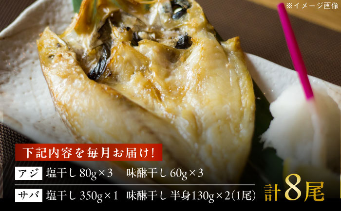 【6回定期便】一夜干し 4種（アジ/サバ）計8尾 五島市/愛情食彩[PCH035]
