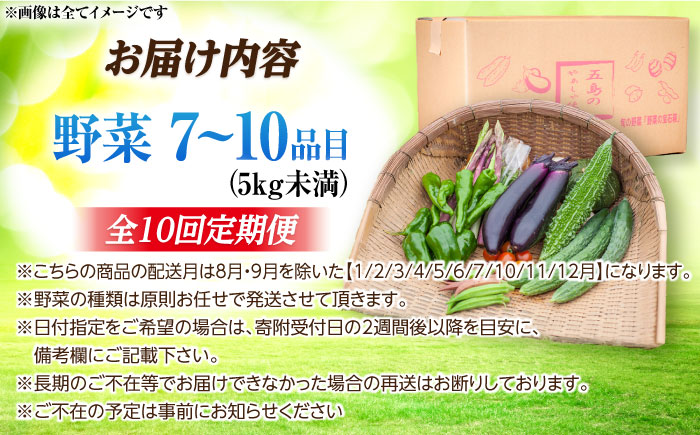【10回定期便】旬野菜セット7〜10品目（五島列島産） 5kg未満　五島市/やぁしゃ便 [PBG008]