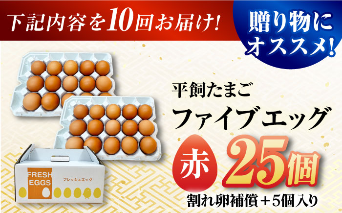 【10回定期便】【お得な箱入り】平飼たまご ファイブエッグ M〜Lサイズ 25個 / 5EGG 卵 赤玉子 五島市 / 五島列島大石養鶏場 [PFQ041]