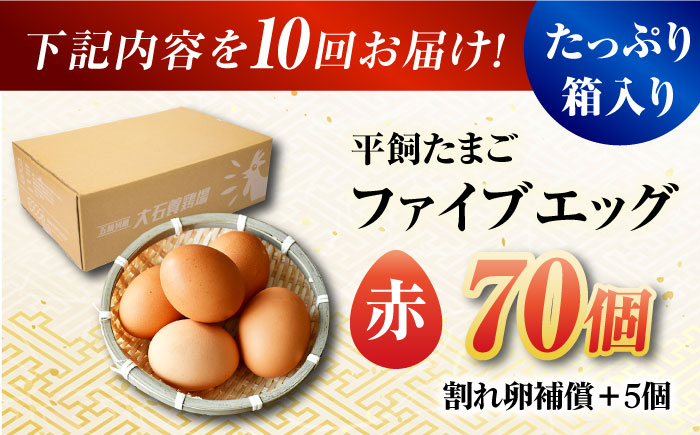 【全10回定期便】【お得な箱入り】平飼たまご ファイブエッグ M〜Lサイズ 70個 / 5EGG 卵 赤玉子五島市 / 五島列島大石養鶏場 [PFQ031]