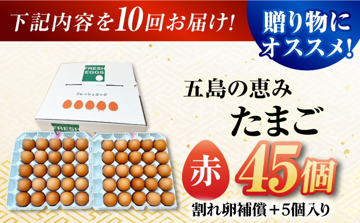 【全10回定期便】【お得な箱入り】五島の恵みたまご M〜Lサイズ 45個入 / 卵 赤玉子 五島市 / 五島列島大石養鶏場 [PFQ050]