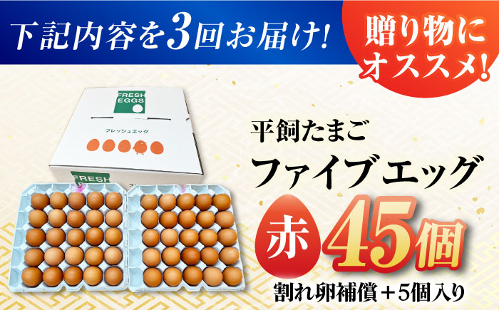 【3回定期便】【お得な箱入り】平飼たまご ファイブエッグ M〜Lサイズ 45個 / 5EGG 卵 赤玉子 五島市 / 五島列島大石養鶏場 [PFQ042]