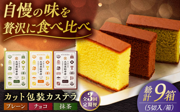 【全3回定期便】カット包装カステラ 3箱入 （各5切入） プレーン 抹茶 チョコ 五島市/文明堂総本店 [PEO014]