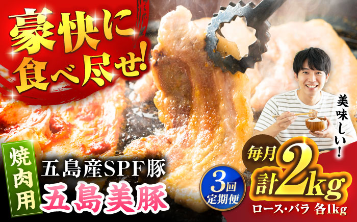 【3回定期便】五島美豚 焼肉2kg (ロース1kg/バラ1kg) 五島市/ごとう農業協同組合 [PAF054]