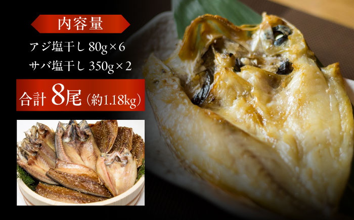 【M】一夜干し 塩干し（アジ/サバ）計8尾 五島市/愛情食彩[PCH017]