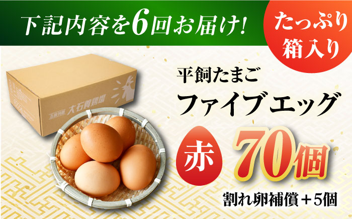 【全6回定期便】【お得な箱入り】平飼たまご ファイブエッグ M〜Lサイズ 70個 / 5EGG 卵 赤玉子五島市 / 五島列島大石養鶏場 [PFQ030]