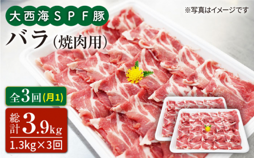 【訳あり】【月1回1.3kg×3回定期便】大西海SPF豚 バラ（焼肉用）計3.9kg＜大西海ファーム＞ [CEK082]