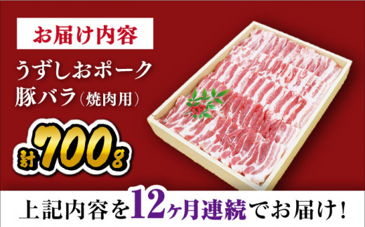 【 訳あり 】【12回 定期便 】 焼肉用 長崎うずしおポーク 豚バラ（ 焼肉 用）700g 長崎 豚 豚肉 焼き肉 バラ BBQ ブランド豚 ＜スーパーウエスト＞[CAG022]