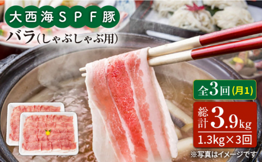 【訳あり】【月1回1.3kg×3回定期便】大西海SPF豚 バラ（しゃぶしゃぶ用）計3.9kg＜大西海ファーム＞ [CEK084]