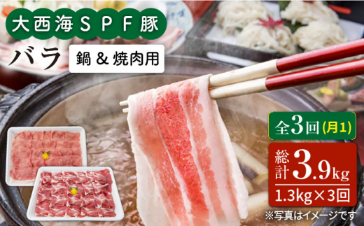 【訳あり】【月1回1.3kg×3回定期便】大西海SPF豚 バラ（焼肉＆しゃぶしゃぶ用）計3.9kg＜大西海ファーム＞ [CEK086]