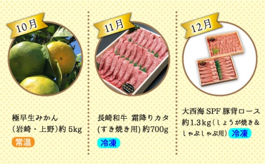 【12回 定期便 】お肉と果物～見つけた！西海の宝物定期便～ 長崎市 西海市 長崎和牛 サーロイン さーろいん ステーキ SPF豚 ブランド豚 みかん ミカン [CZZ019]