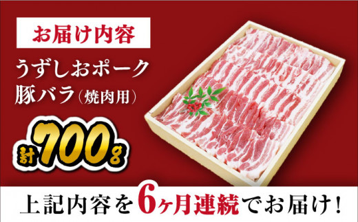 【 訳あり 】【6回 定期便 】 焼肉用 長崎うずしおポーク 豚バラ（ 焼肉 用）700g 長崎 豚 豚肉 焼き肉 バラ BBQ ブランド豚 ＜スーパーウエスト＞[CAG021]