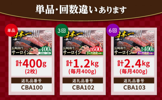 【12回定期便】長崎和牛 サーロイン ステーキ  約400g（2枚） サーロイン さーろいん 牛肉 ブランド牛 高級 和牛 国産牛 ＜ミート販売黒牛＞ [CBA104]