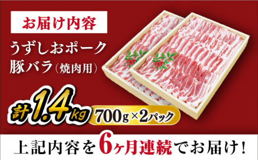 【訳あり】【6回 定期便 】 焼肉用 長崎うずしおポーク 豚バラ（ 焼肉 用）1.4kg 長崎 豚 豚肉 焼き肉 バラ BBQ ブランド豚＜スーパーウエスト＞ [CAG114]