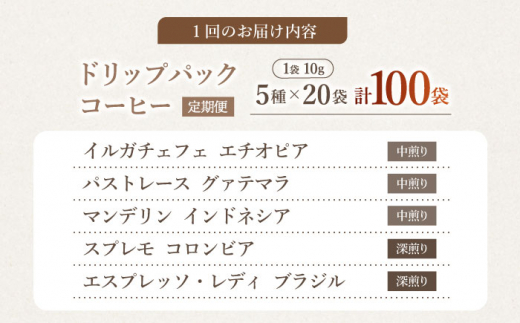 【飲み比べ】【6回定期便】ドリップバック 自家焙煎コーヒー 100袋（5種類×20袋） ＜giko coffee＞ [CFK039]