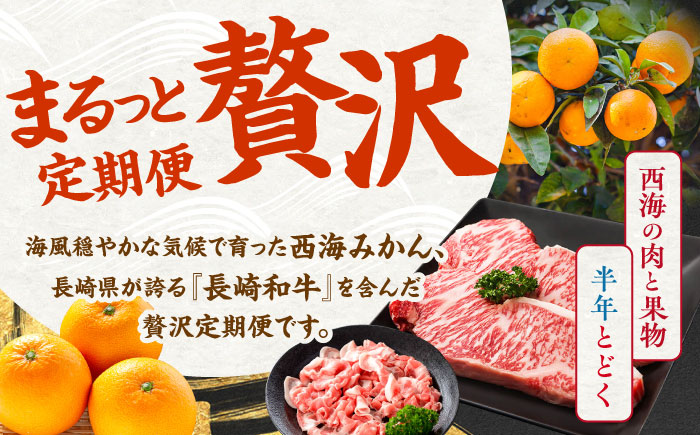 【6回定期便】 お肉 と 果物 〜見つけた！ 西海 の宝物 定期便 〜 [CZZ018]   長崎県 西海市 長崎和牛 サーロイン さーろいん ステーキ SPF豚 ブランド豚 こま切れ みかん ミカン 不知火 人気 定期便 