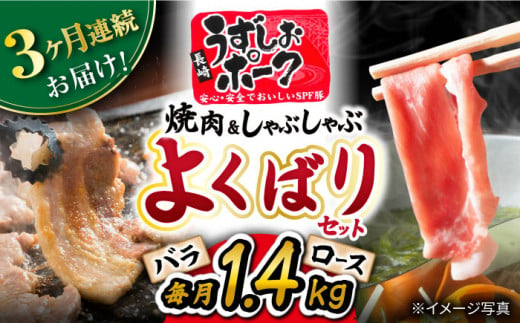 【 訳あり 】【3回 定期便 】 長崎 うずしおポーク 焼肉 ＆ しゃぶしゃぶ セット 1.4kg  豚肉 豚 焼き肉用 焼肉用 しゃぶしゃぶ 豚スライス ロース バラ ＜スーパーウエスト＞ [CAG095]