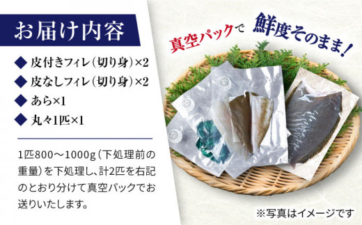 【新鮮手間なし！】 ヒラメ のフィレ（皮付き2切れ＆皮なし2切れ）＋あら＋丸々１匹＜大島水産種苗＞[CBW002]