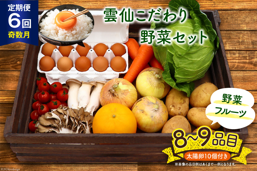 【6回定期便(奇数月)】雲仙こだわり野菜セット 野菜・フルーツ8〜9品目＋太陽卵10個 詰め合わせ [吉岡青果 長崎県 雲仙市 item1827] 野菜 フルーツ 卵 セット 旬の野菜