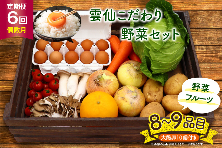 【6回定期便(偶数月)】雲仙こだわり野菜セット 野菜・フルーツ8〜9品目＋太陽卵10個 詰め合わせ [吉岡青果 長崎県 雲仙市 item1826] 野菜 フルーツ 卵 セット 旬の野菜