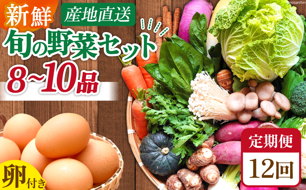 【12回毎月コース】雲仙のめぐみ 旬の野菜セット (S)【卵6個付き】 8～10品目セット [長崎県農産品流通 長崎県 雲仙市 item1575] 野菜 定期 野菜セット フルーツ 果物 くだもの 卵 たまご