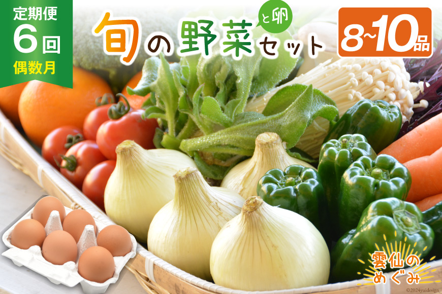 【6回偶数月コース】雲仙のめぐみ 旬の野菜セット (S)【卵6個付き】 8～10品目セット [長崎県農産品流通 長崎県 雲仙市 item1573] 野菜 定期 野菜セット フルーツ 果物 くだもの 卵 たまご