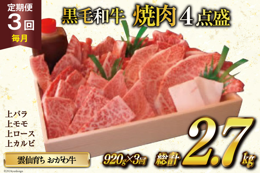 定期便 3回 牛肉 雲仙育ち おがわ牛 焼肉4点盛 総計約2.7kg(920g×3回) 黒毛和牛 上バラ 上モモ 上ロース 上カルビ 冷凍 [焼肉おがわ 長崎県 雲仙市 item1838]