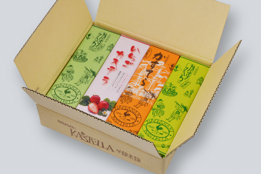長崎カステラ　抹茶・いちご・ハニー・ざぼん　0.75斤の4本セット