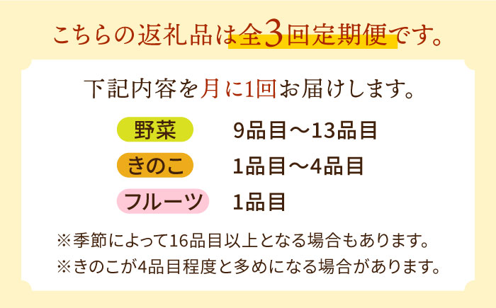 【毎月コース】豪華！野菜 果物 きのこセット 15品目以上 3回定期便 / 野菜定期便 やさい定期便 フルーツ 果物 キノコ 詰め合わせ / 南島原市 / 吉岡青果 [SCZ023]