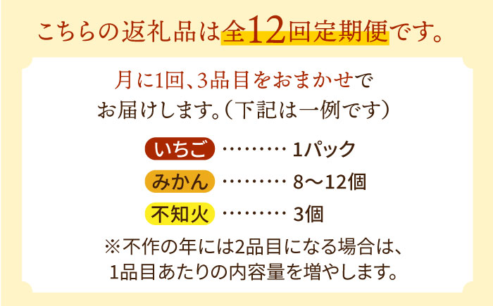 【12回定期便】＜2026年1月〜初回発送＞フルーツ定期便 旬の果物をお任せで2〜3品目お届け（2〜3品目×12回）季節の果物 詰め合わせ 果物 セット / 定期便 フルーツ 果物 春フルーツ 夏フルーツ 秋フルーツ 冬フルーツ /  南島原市 / 吉岡青果 [SCZ014]