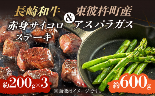 ＜先行予約＞【お肉屋さんとアスパラ農家のコラボ商品！】長崎和牛 赤身 サイコロステーキ 用約200g×3パック、東彼杵町産アスパラガス 600g [BAJ040]