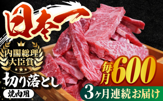 【3回定期便】 長崎和牛 切り落とし（焼肉用）600g  赤身 霜降り 部位ミックス BBQ やきにく うまい ジューシー 東彼杵町/有限会社大川ストアー [BAJ109]