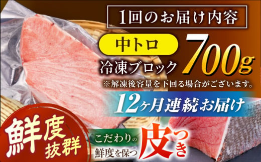 【全12回定期便(月1回)】長崎県産 本マグロ 中トロ皮付き 約700g 【大村湾漁業協同組合】 [BAK027]/中トロ 中とろ まぐろ 刺身