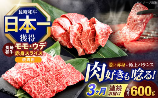 【3回定期便】長崎和牛 焼肉用 赤身スライス600g (モモ・ウデ 各300g)【株式会社 黒牛】 [OCE097] / 牛肉 九州 肉 すらいす