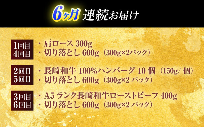 【全6回定期便】長崎和牛 切り落とし＋人気部位 セット 総計約8kg【有限会社長崎フードサービス】[OCD022] / 切り落とし 牛肉 定期便 切り落とし 牛肉 定期便 きりおとし 切り落とし 牛肉 定期便