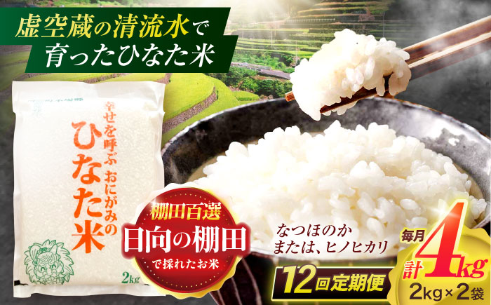 【12回定期便】虚空蔵の清流水で育った棚田米『ひなた米』 4kg(2kg×2袋) 【木場中山間管理組合】[OCM016] / 精米 新米 こめ ごはん おいしい ふっくら ヒノヒカリ