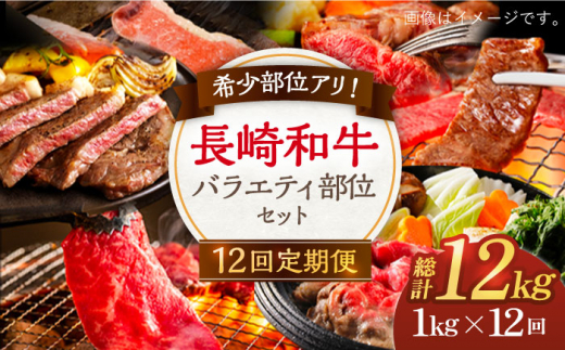 【12回定期便】希少部位アリ！ 長崎和牛 バラエティ 部位 セット 毎回1kg ×12回【川下精肉店】 [OAA019] / 牛肉 和牛 希少 長崎 部位 焼肉 ステーキ 切り落とし ＢＢＱ セット 詰合わせ