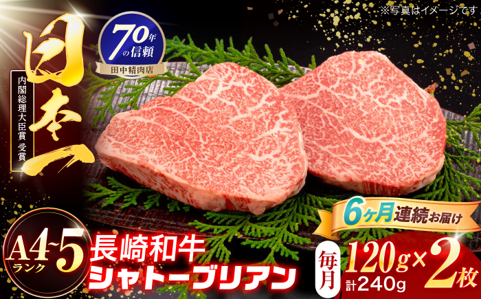 【6回定期便】長崎和牛 シャトーブリアンステーキ 120g×2枚【株式会社田中精肉店】 [OCA083]