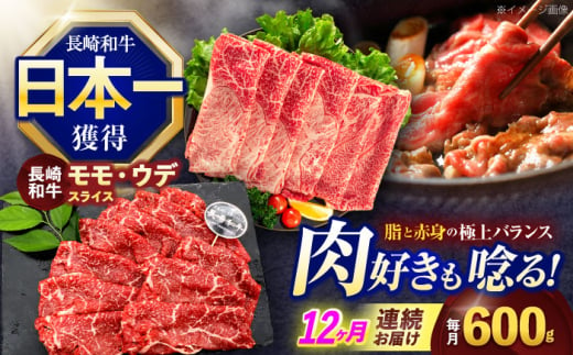 【12回定期便】長崎和牛 すき焼き・しゃぶしゃぶ用 赤身スライス600g (モモ・ウデ 各300g)【株式会社 黒牛】 [OCE095] / 牛肉 九州 肉 すらいす