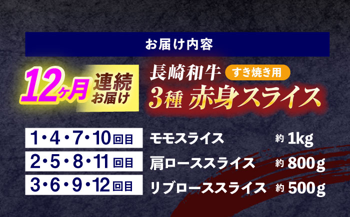 【12回定期便】長崎和牛 すき焼き用赤身スライス (モモ・肩ロース・リブロース)【株式会社 黒牛】 [OCE104]