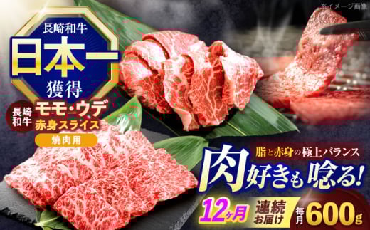 【12回定期便】長崎和牛 焼肉用 赤身スライス600g (モモ・ウデ 各300g)【株式会社 黒牛】 [OCE099] / 牛肉 九州 肉 すらいす