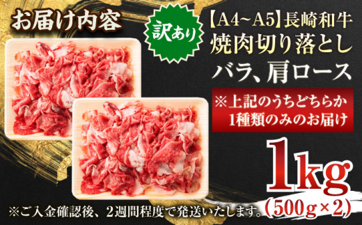 【訳あり】【A4〜A5】長崎和牛焼肉切り落とし(肩ロース・バラ）　1kg（500g×2p）【株式会社 MEAT PLUS】 [QBS004] 肉 牛肉 こま切れ A4〜A5ランク 訳アリ ワケあり しゃぶしゃぶ すき焼き 長崎和牛