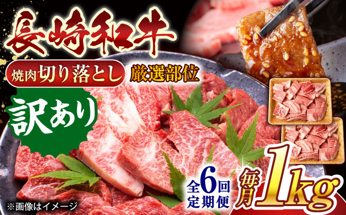 【全6回定期便】【訳あり】【A4〜A5】長崎和牛焼肉切り落とし(肩ロース・バラ）　1kg（500g×2p）【株式会社 MEAT PLUS】 [QBS043]