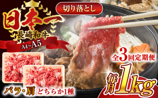 【全3回定期便】【A4〜A5】長崎和牛切り落とし　1kg(500g×2p）【株式会社 MEAT PLUS】 [QBS048]