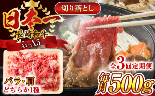 【全3回定期便】【A4〜A5】長崎和牛切り落とし　500g【株式会社 MEAT PLUS】 [QBS045]