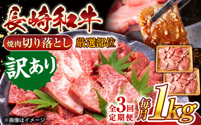 【全3回定期便】【訳あり】【A4〜A5】長崎和牛焼肉切り落とし(肩ロース・バラ）　1kg（500g×2p）【株式会社 MEAT PLUS】 [QBS042]