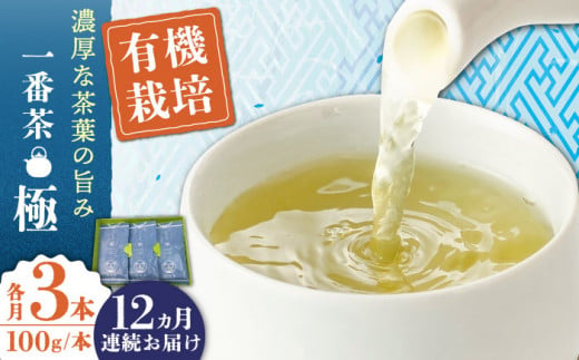 【全12回定期便】「1番茶の濃厚な旨味！」さざの 有機栽培茶  極  （100g×3本/回）【宝緑園】 [QAH024]