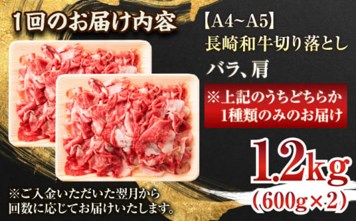 【全12回定期便】【A4〜A5】長崎和牛切り落とし　1.2kg(600g×2p）【株式会社 MEAT PLUS】 [QBS053]