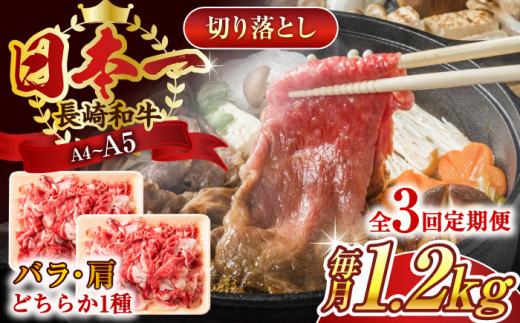 【全3回定期便】【A4〜A5】長崎和牛切り落とし　1.2kg(600g×2p）【株式会社 MEAT PLUS】 [QBS051]